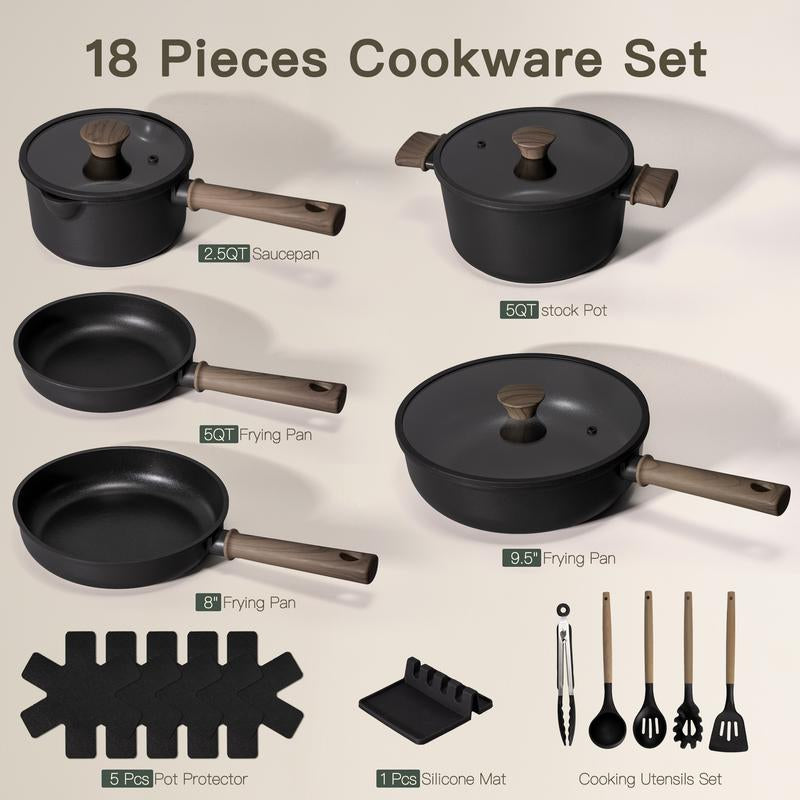 Astercook 18-Piece Non-Stick Cookware Set with Elegant Wooden Handles, Frying Pan, Stew Pot, Steamer, Suitable for Induction Cooktops, Kitchen Cooking Set, Oven Safe, High Temperature Resistant