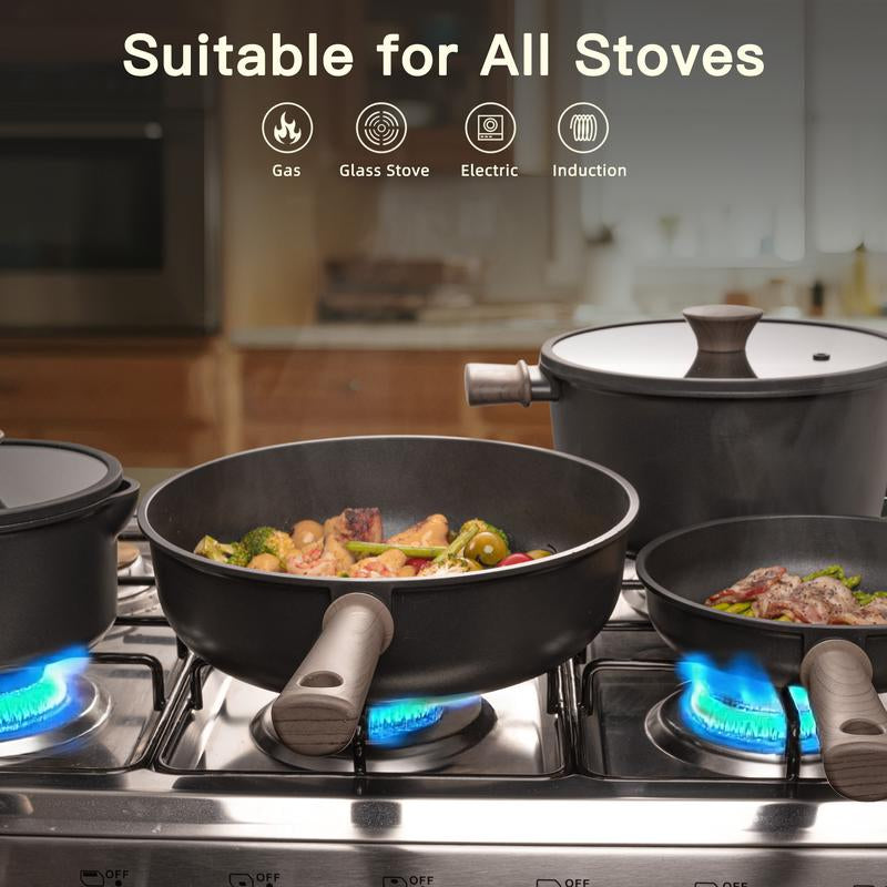 Astercook 18-Piece Non-Stick Cookware Set with Elegant Wooden Handles, Frying Pan, Stew Pot, Steamer, Suitable for Induction Cooktops, Kitchen Cooking Set, Oven Safe, High Temperature Resistant