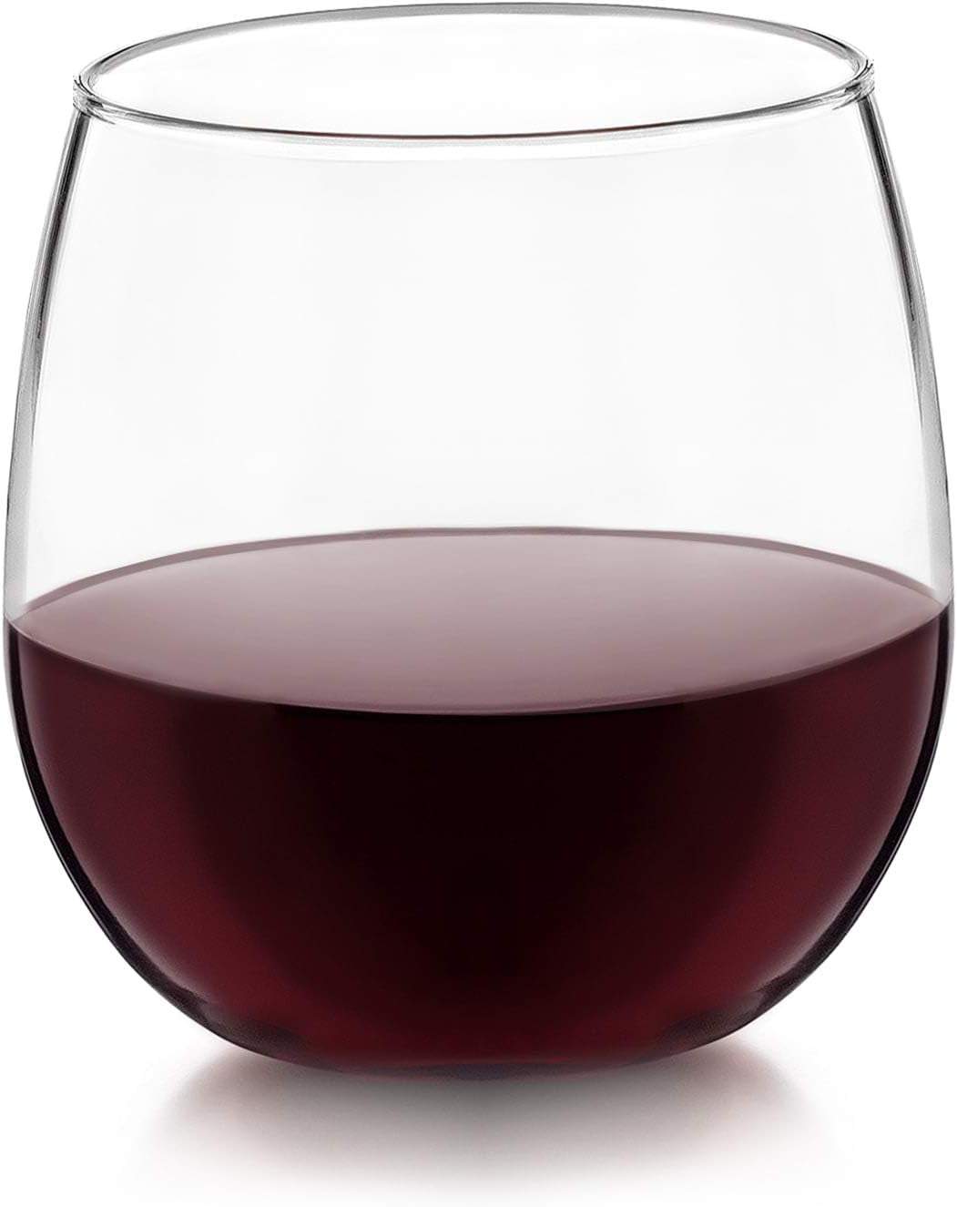 Stemless red wine glass, filled