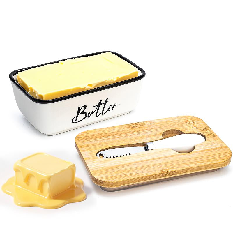Ceramic Butter Dish with Lid & Curler Knife – Premium Large Countertop Keeper for Kitchen Farmhouse Decor, High-Quality Double Silicone Sealing, Easy-Clean Finish, Perfect Kitchenware. Butter Lover .White