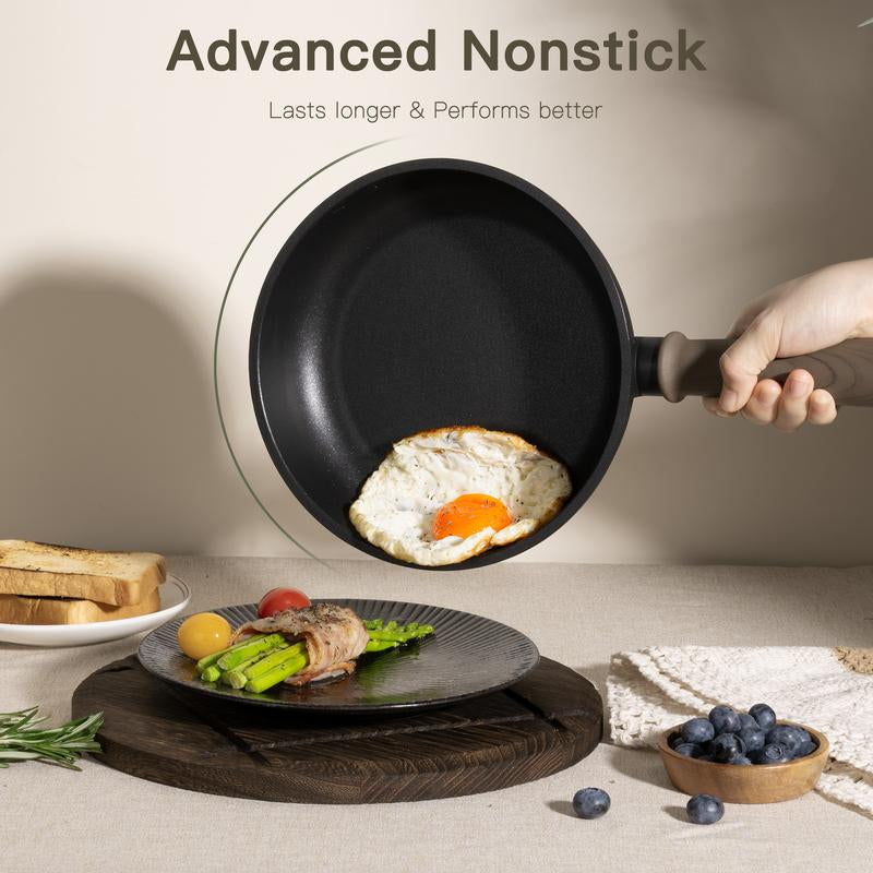 Astercook 18-Piece Non-Stick Cookware Set with Elegant Wooden Handles, Frying Pan, Stew Pot, Steamer, Suitable for Induction Cooktops, Kitchen Cooking Set, Oven Safe, High Temperature Resistant