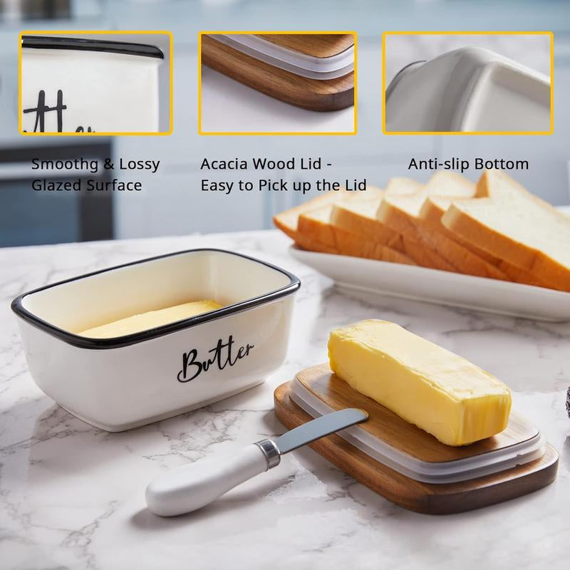 Ceramic Butter Dish with Lid & Curler Knife – Premium Large Countertop Keeper for Kitchen Farmhouse Decor, High-Quality Double Silicone Sealing, Easy-Clean Finish, Perfect Kitchenware. Butter Lover .White