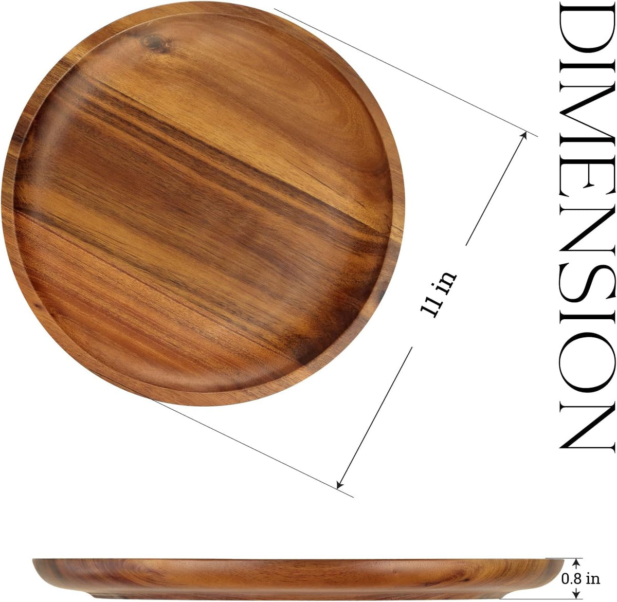 Acacia wood plate measuring 11 inches across and 0.8 inches high