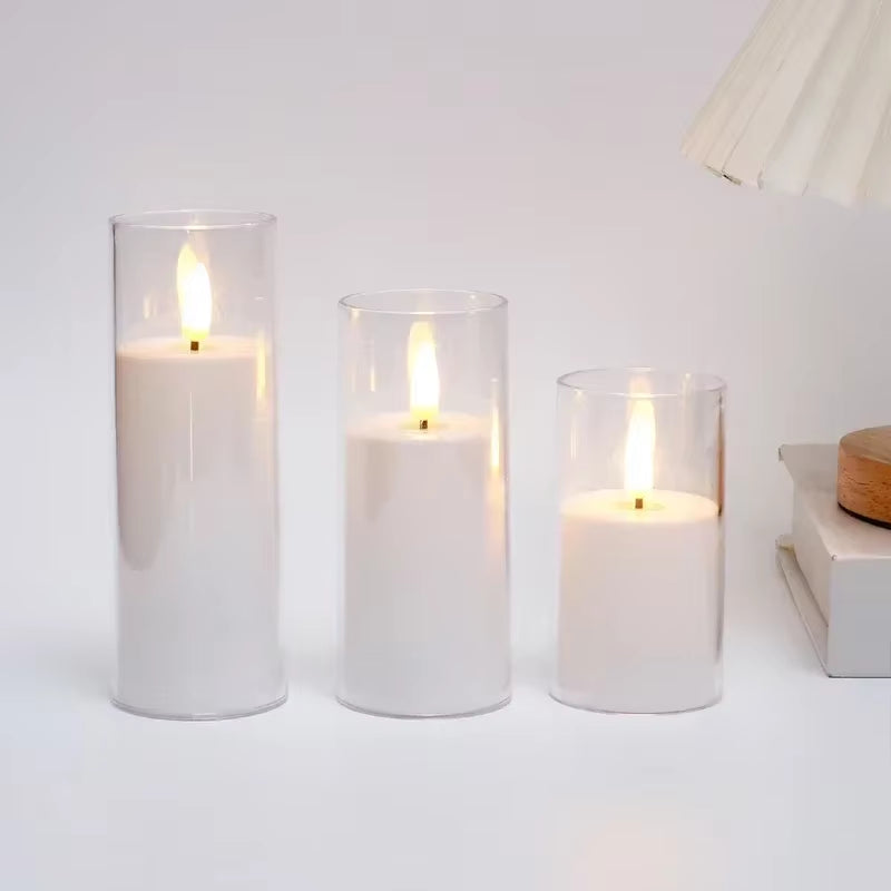 Clear Acrylic Flameless Candles Battery Operated with Remote Timer Flickering Flame Fake Candles for Wedding Halloween Homedecor