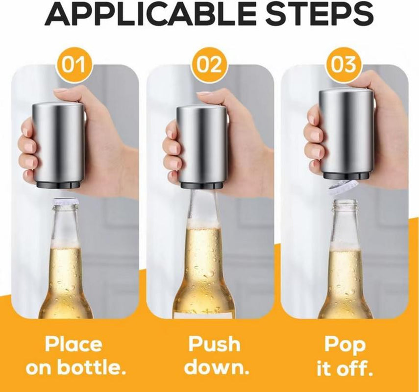 Premium Magnetic Bottle Opener-Automatic Push-Down Stainless Steel Beer Opener with Cap Catcher,No-Slip Grip for Kitchen, Home Bar & Commercial Use Minican