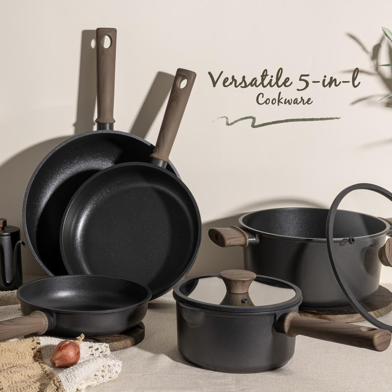 Astercook 18-Piece Non-Stick Cookware Set with Elegant Wooden Handles, Frying Pan, Stew Pot, Steamer, Suitable for Induction Cooktops, Kitchen Cooking Set, Oven Safe, High Temperature Resistant
