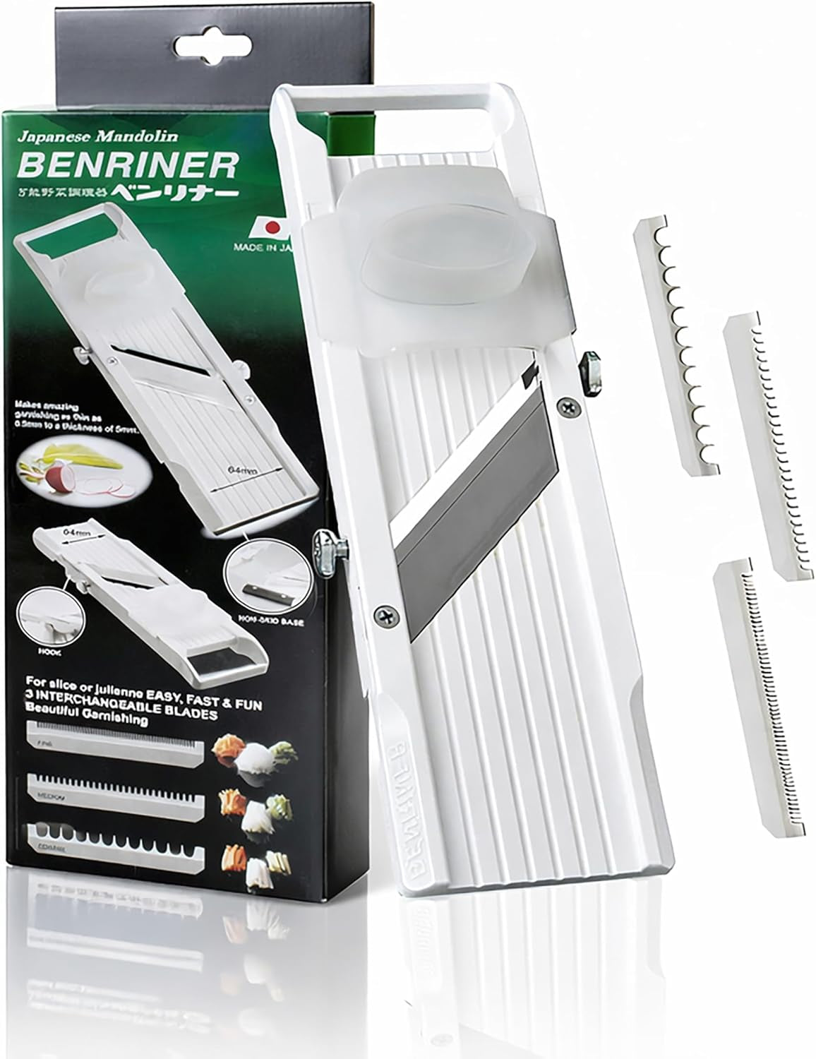 Benriner mandoline slicer with its retail box and three interchangeable blades