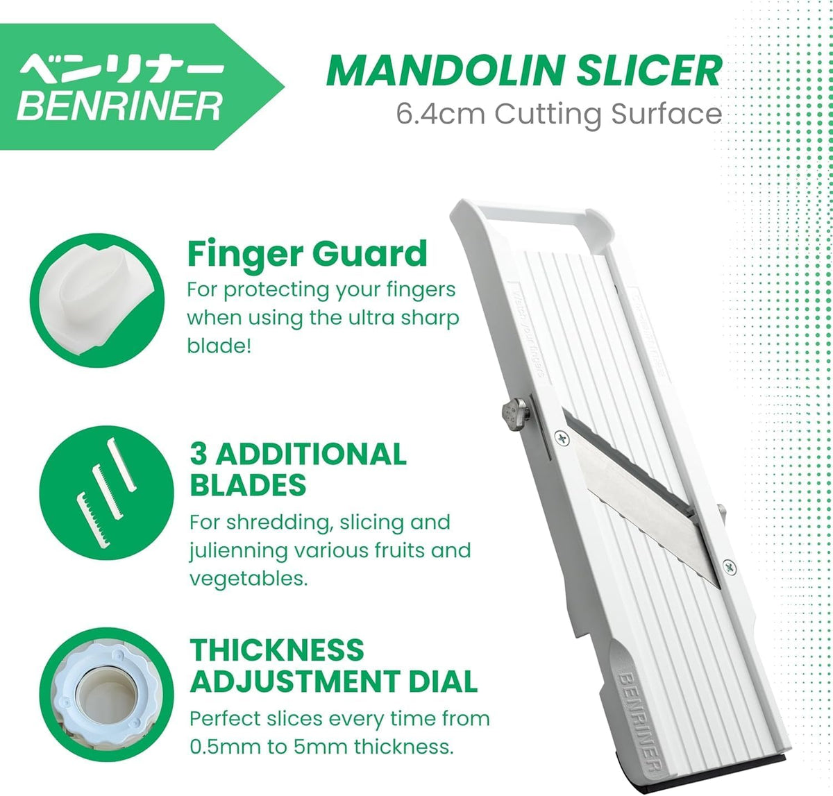 Mandoline with finger guard, three additional blades and thickness adjustment dial