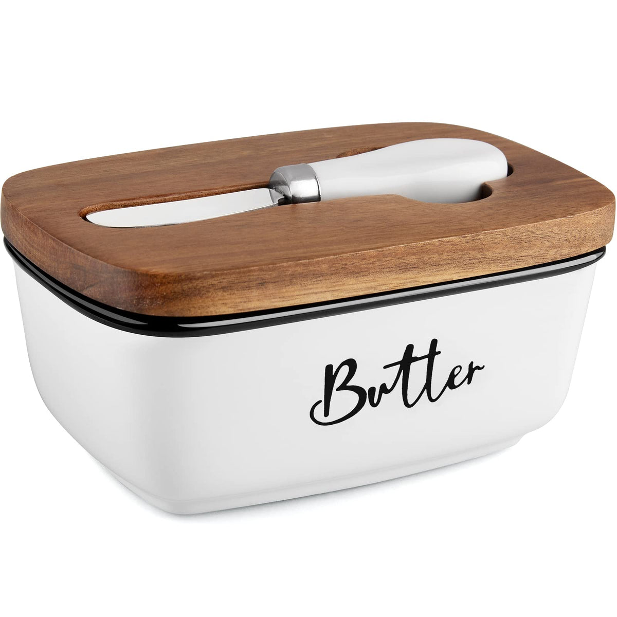 White ceramic butter dish with an acacia wood lid and a butter knife resting on the lid