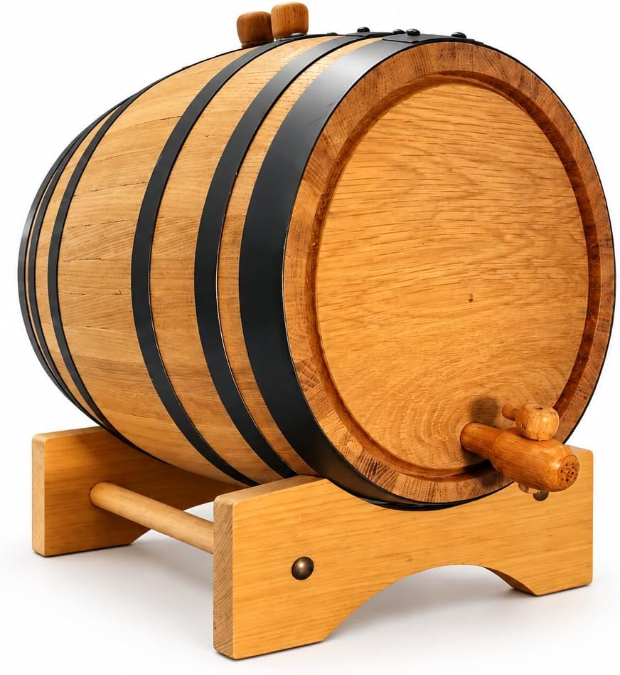 Oak barrel seen from the side on its stand