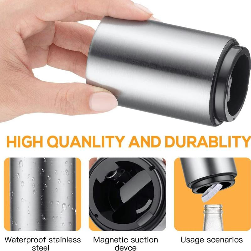 Premium Magnetic Bottle Opener-Automatic Push-Down Stainless Steel Beer Opener with Cap Catcher,No-Slip Grip for Kitchen, Home Bar & Commercial Use Minican