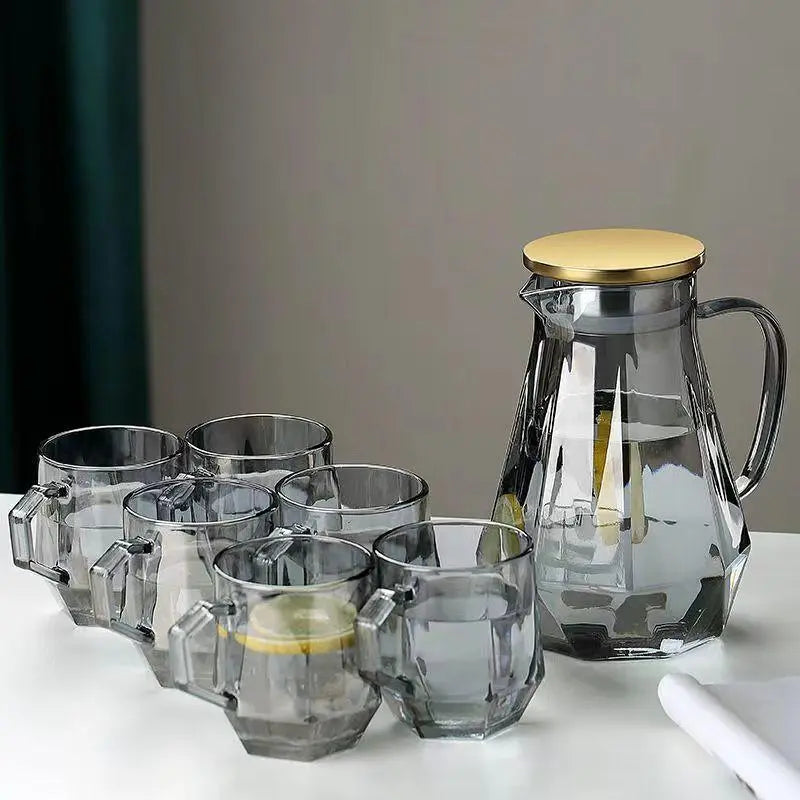 Glass Tea Pot & Glass Cups Set, 7 Counts/Set Including 1 Count Tea Pot & 6 Counts Glass Cups, Household Serving Large Cold Water Pot, Classic High-Temperature Resistant Tea Pot, Glass Tea Sets for Home Living Room, Summer for Gift