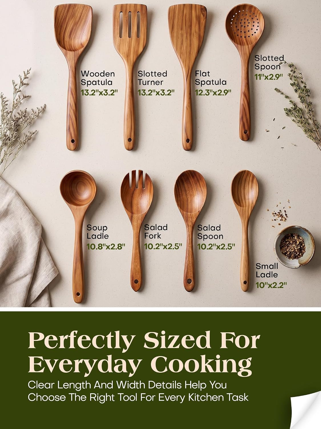 The eight teak utensils with their names and measurements
