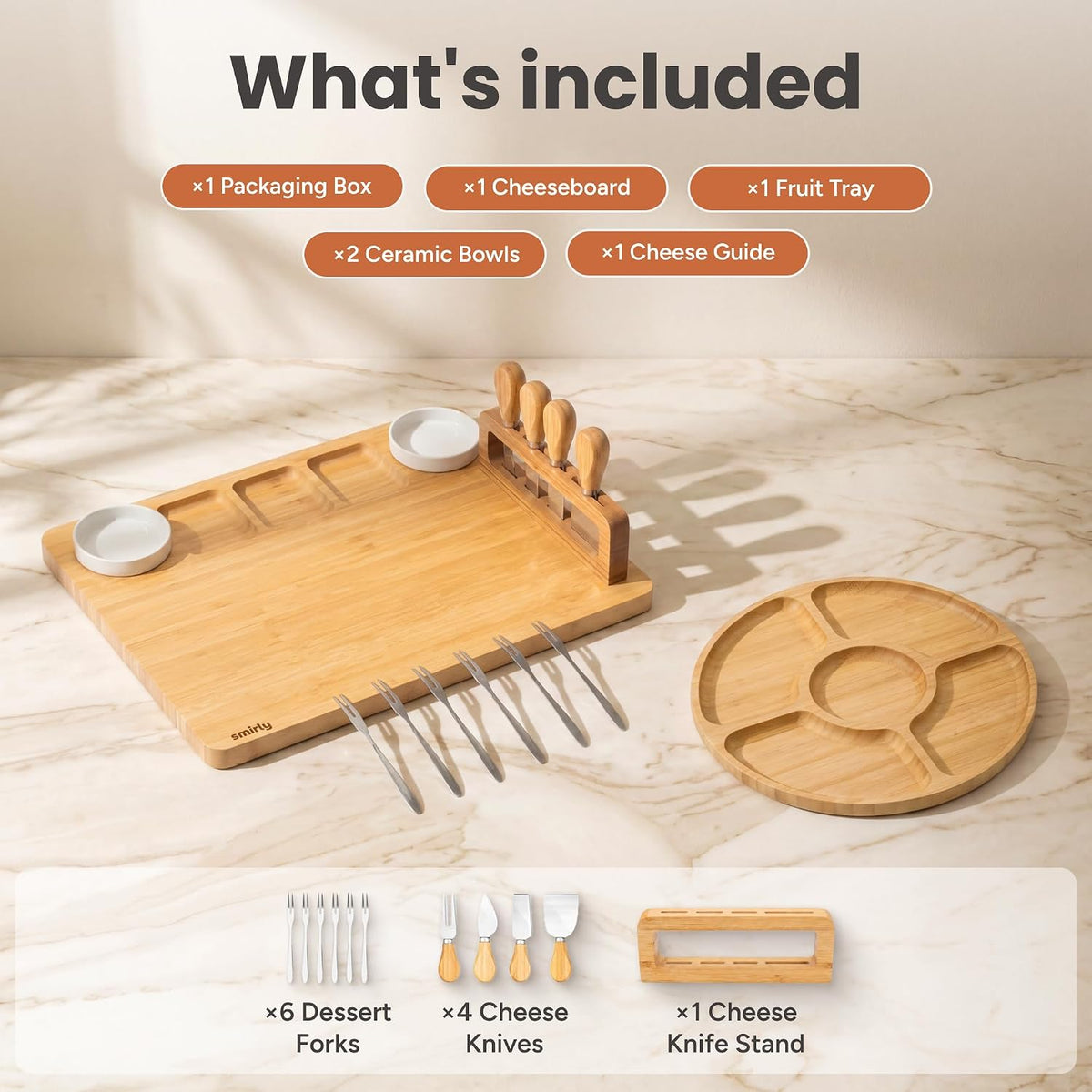 What the SMIRLY set includes: bamboo board, round fruit tray, 2 ceramic bowls, 4 cheese knives, 6 forks and knife holder