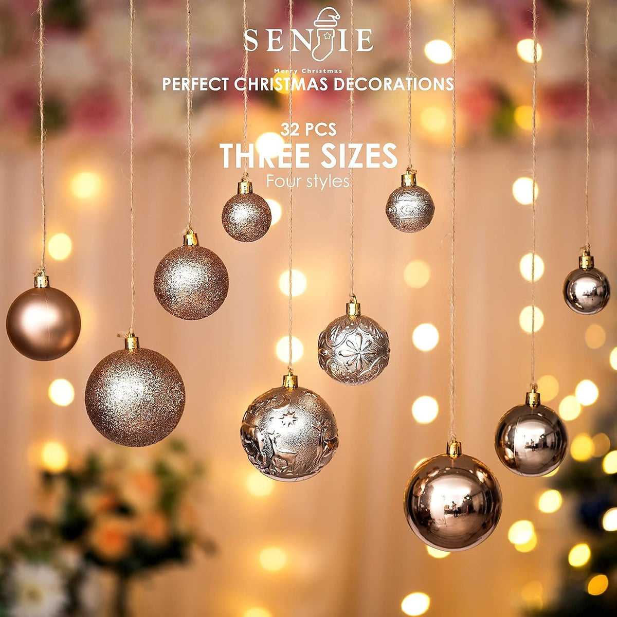 Champagne ornaments hanging in three sizes