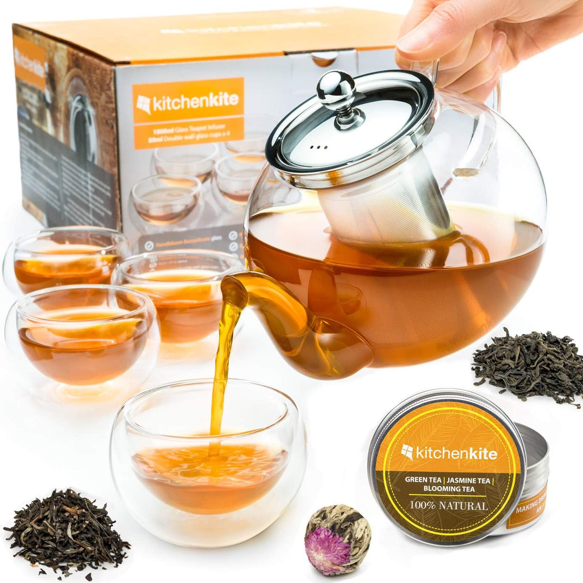 Glass teapot set with four double-wall cups, tea tin and gift box