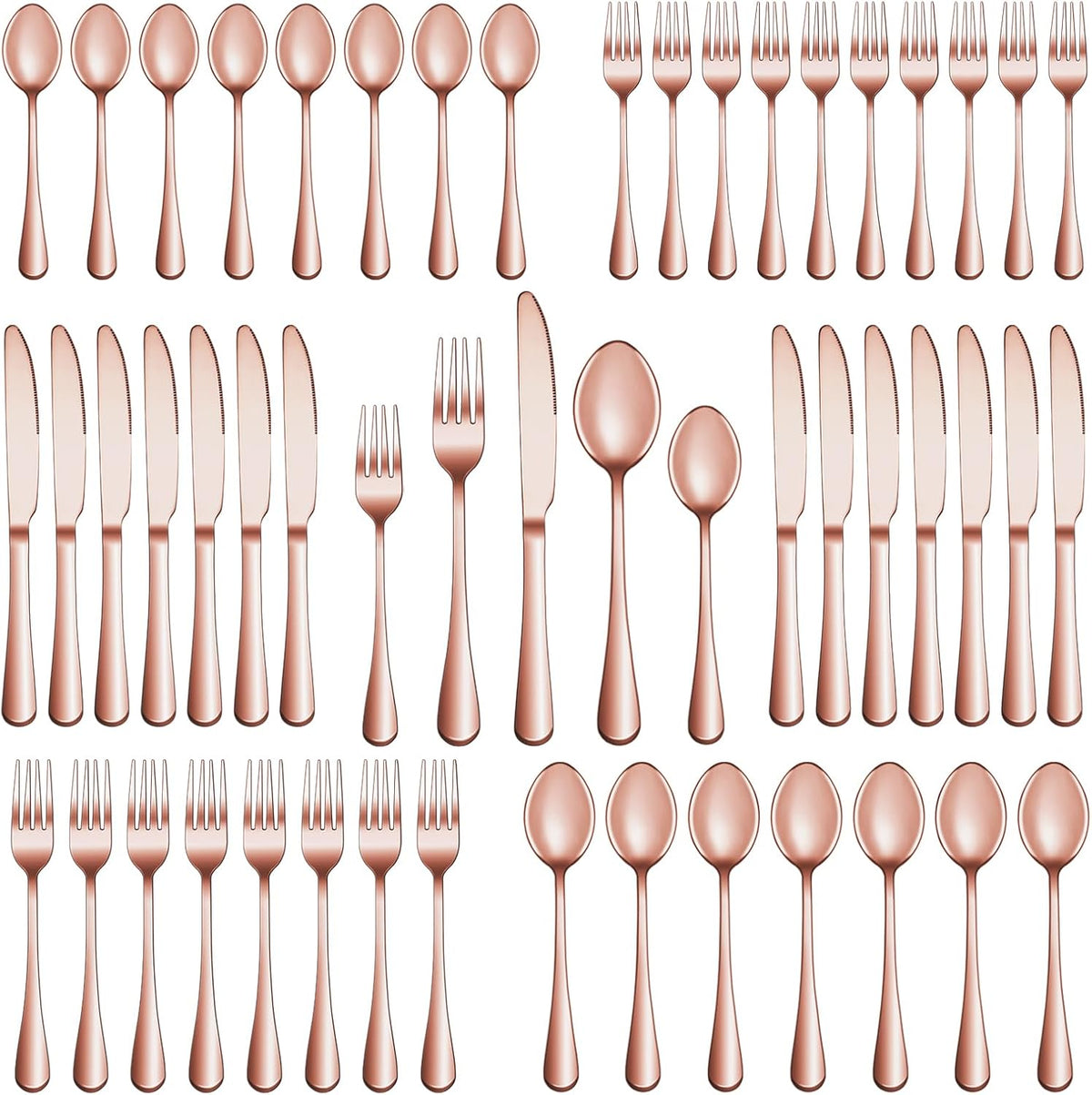 Rose gold flatware set of 30 pieces laid out