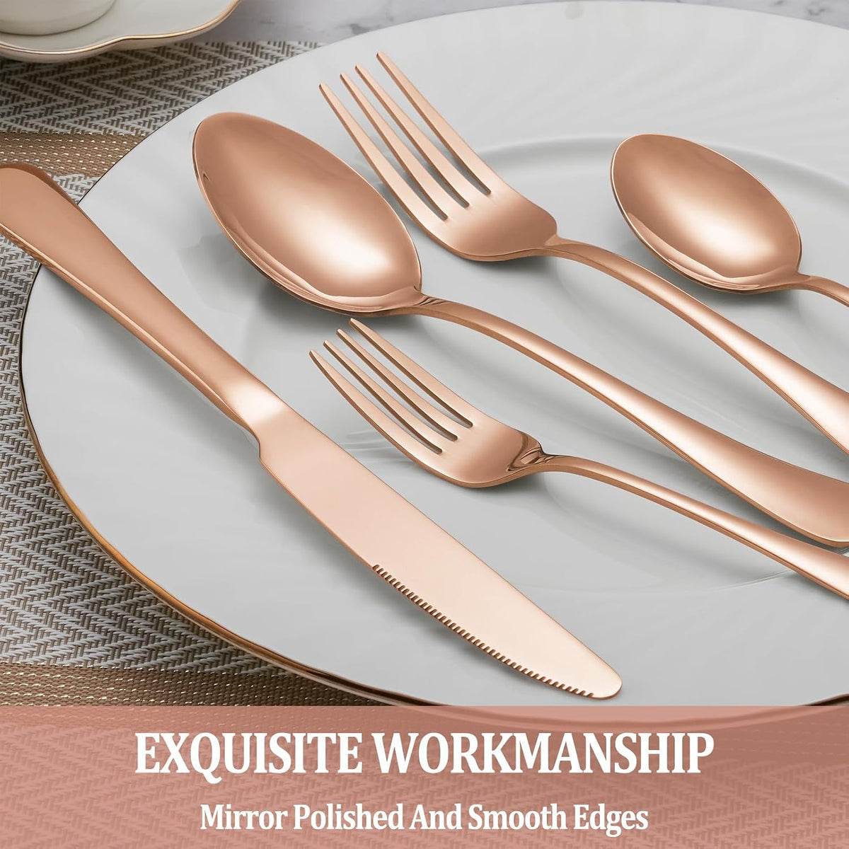 Rose gold knife, spoons and forks on a white plate
