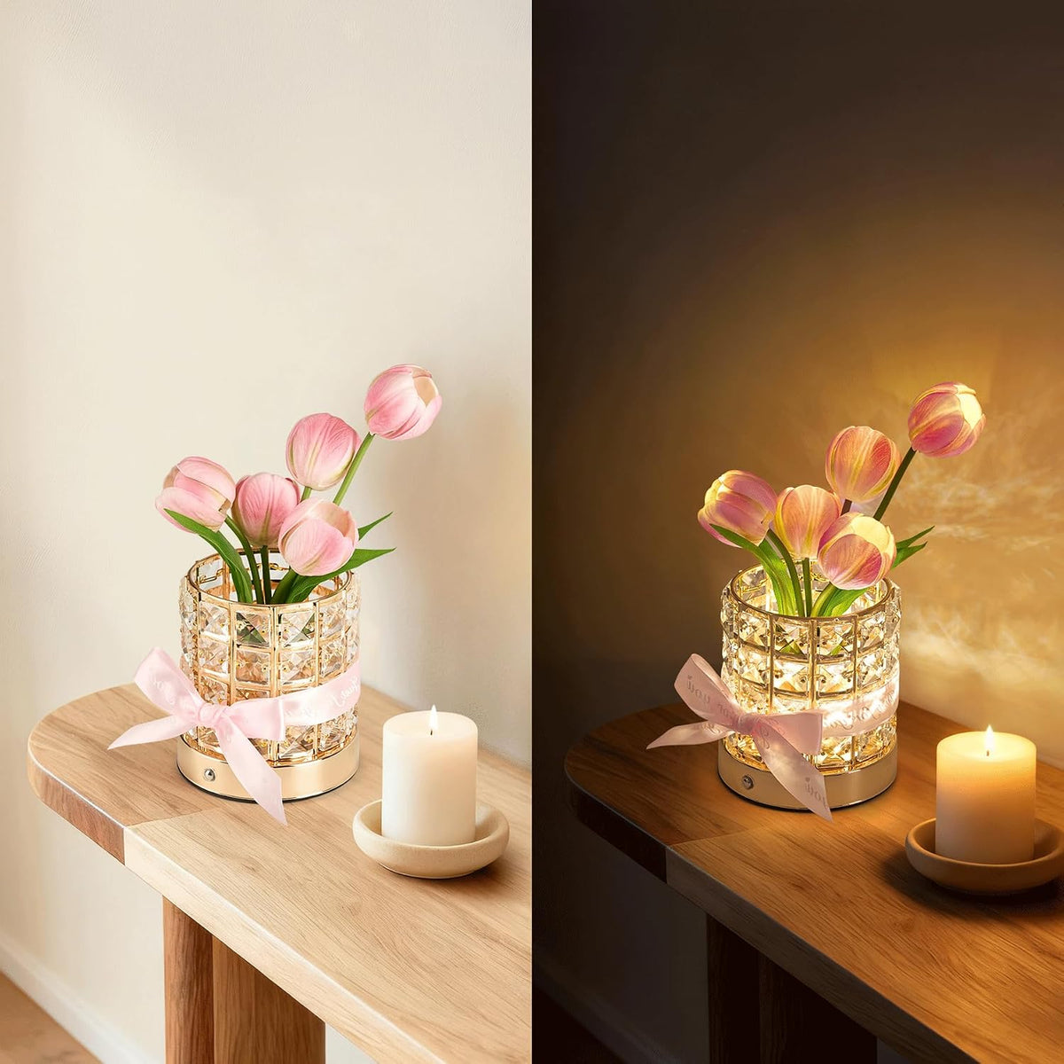 Tulip table lamp on a side table, shown by day and lit at night