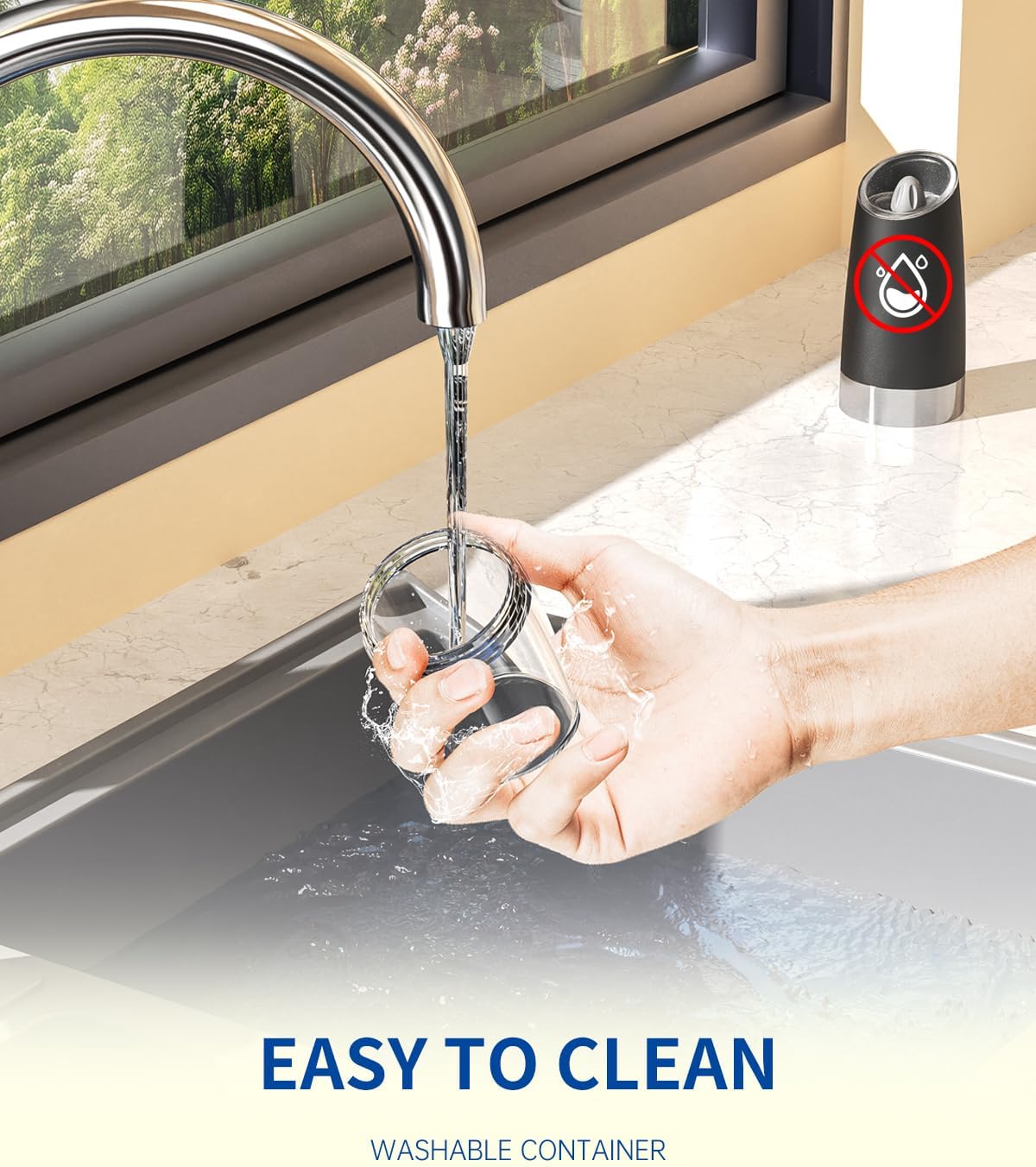 Rinsing the glass spice container under the tap