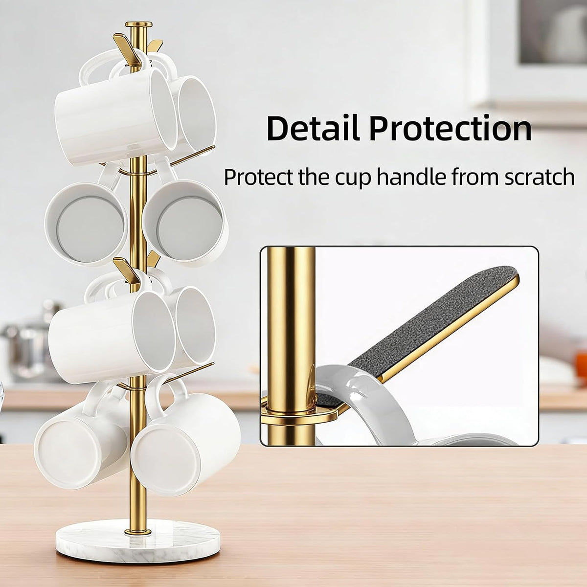Padded branch tips that protect cup handles from scratches