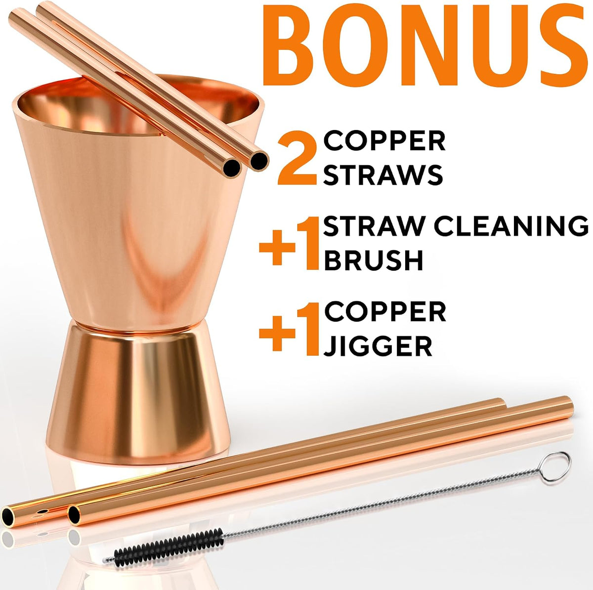 Accessories included: two copper straws, a straw cleaning brush and a copper jigger