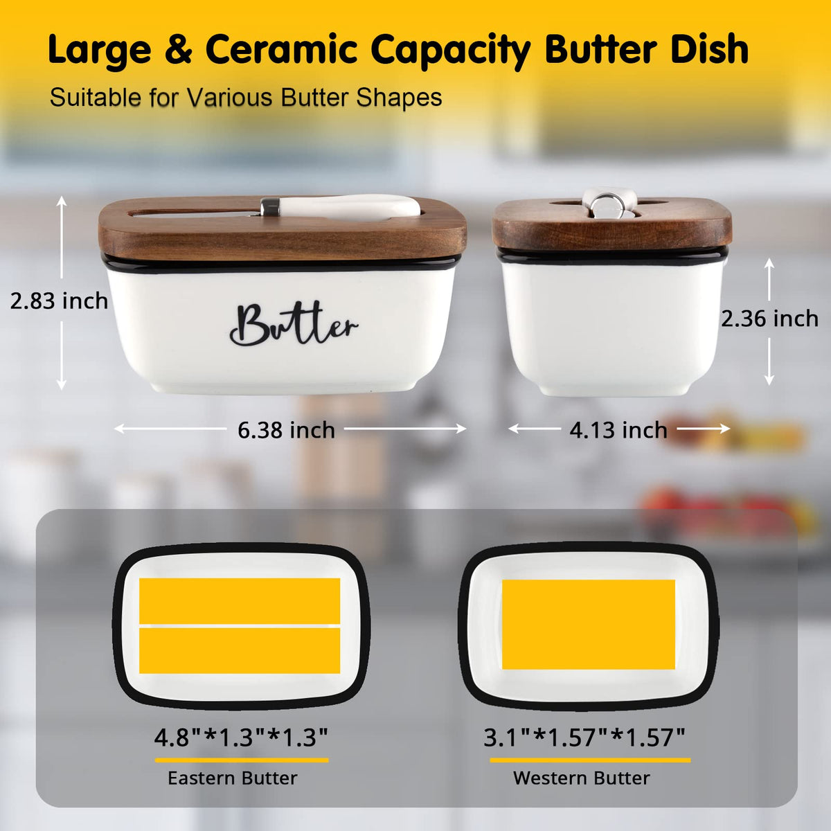 Butter dish dimensions: 6.38 inches long, 4.13 inches wide and 2.83 inches tall