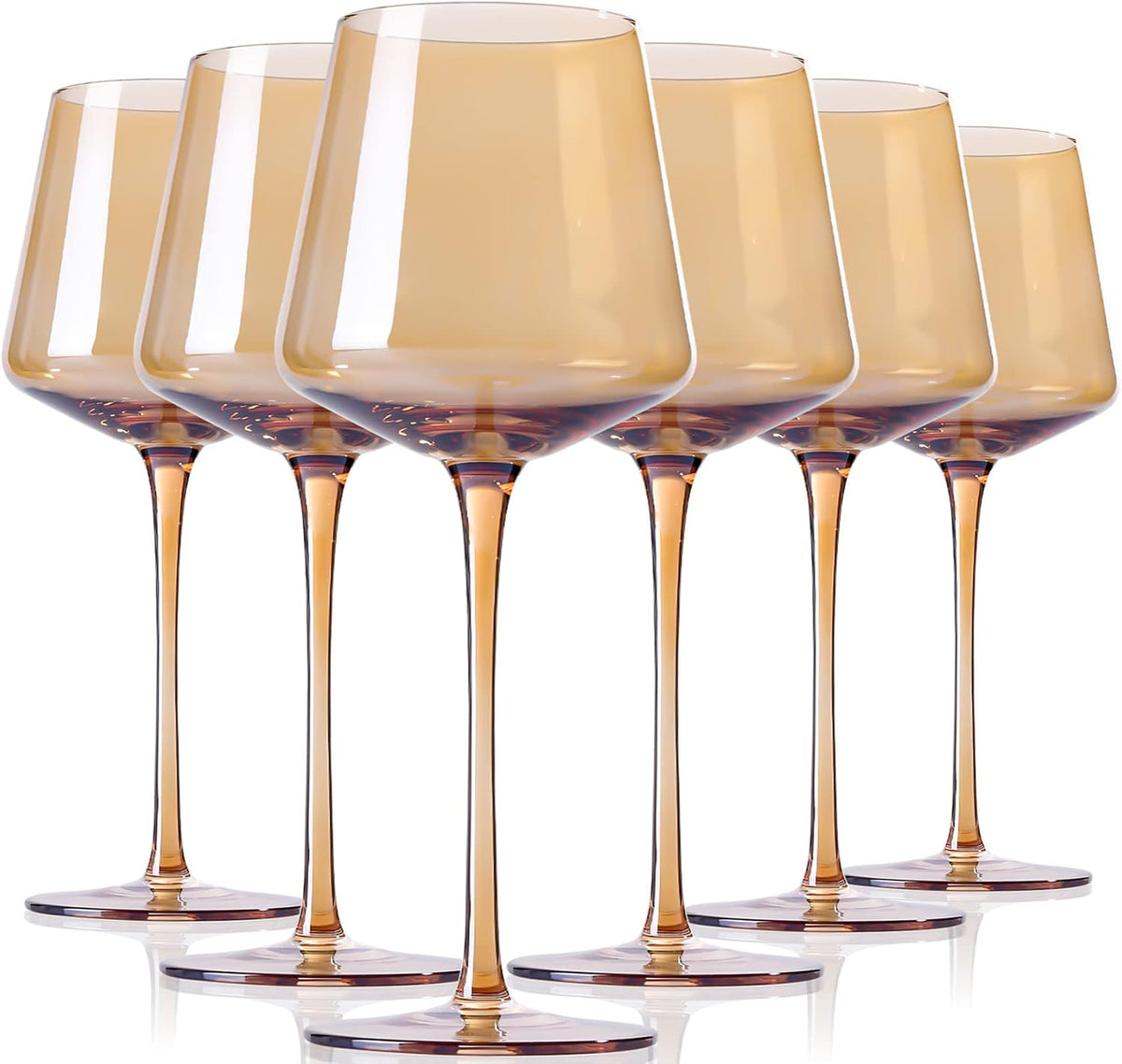 Six amber wine glasses with tall stems
