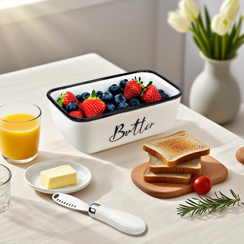Ceramic Butter Dish with Lid & Curler Knife – Premium Large Countertop Keeper for Kitchen Farmhouse Decor, High-Quality Double Silicone Sealing, Easy-Clean Finish, Perfect Kitchenware. Butter Lover .White