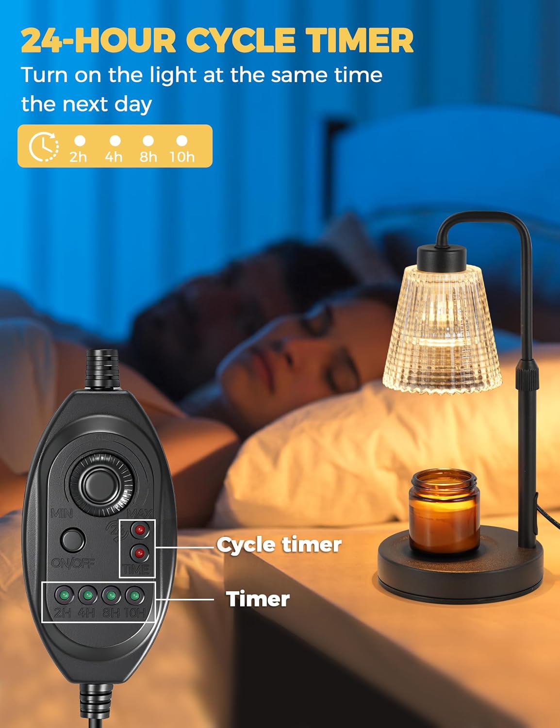 GODONLIF candle warmer lamp on a nightstand with its 24-hour cycle timer control