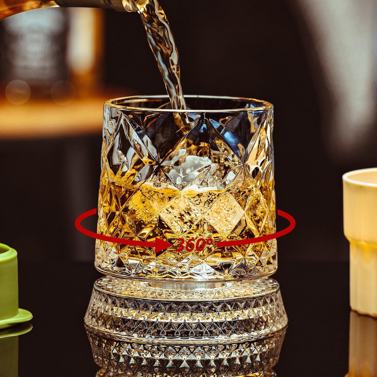 Whiskey poured into a diamond-cut glass spinning on its base