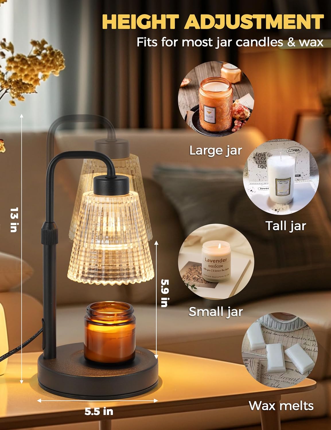 GODONLIF candle warmer lamp height adjustment for large, tall and small jar candles and wax melts