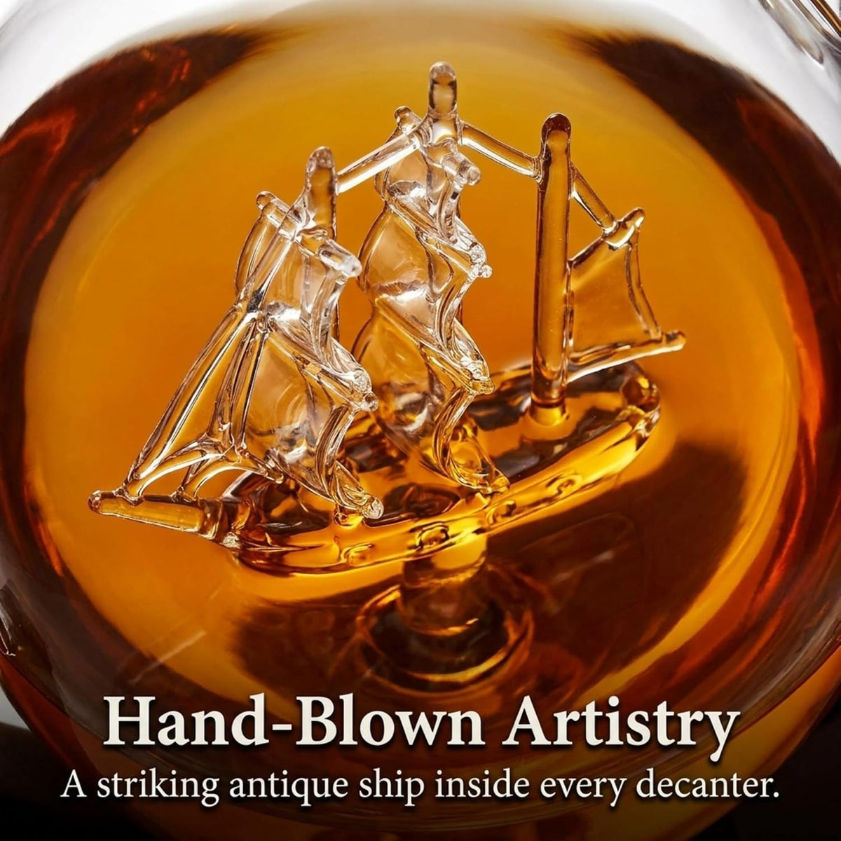 Close-up of the glass ship inside the hand-blown Godinger globe decanter