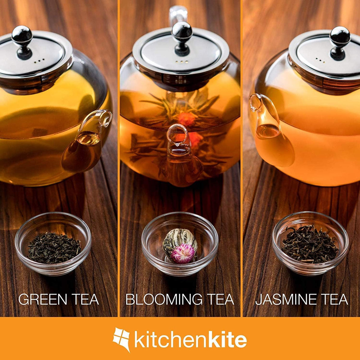 Green, blooming and jasmine tea brewing in the glass teapot