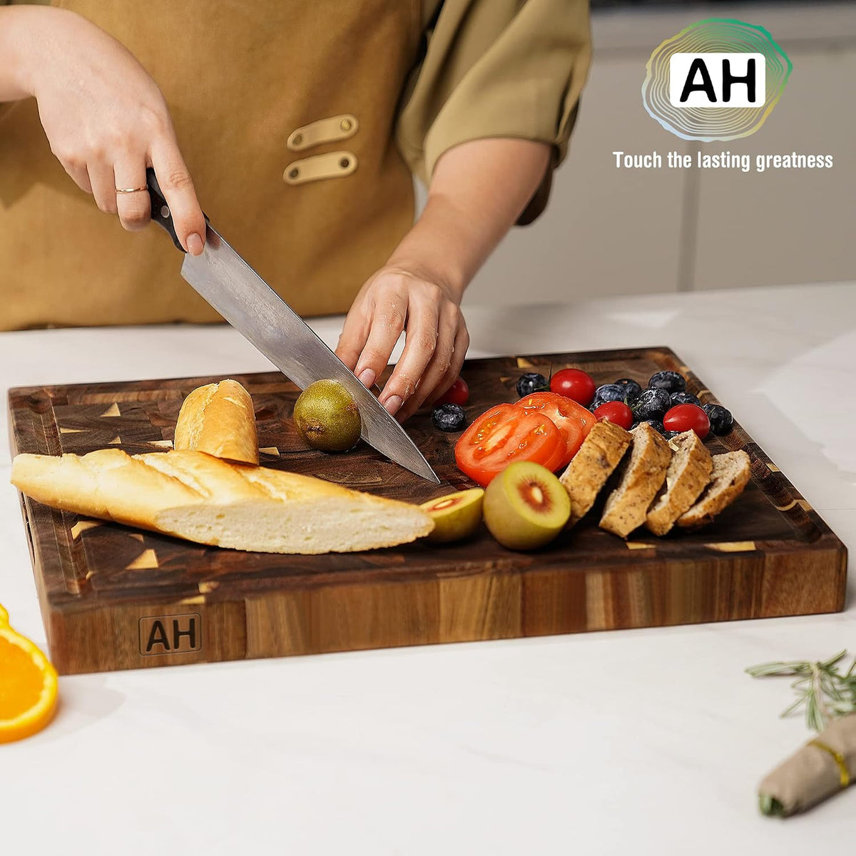 Slicing fruit and bread on the end grain acacia board