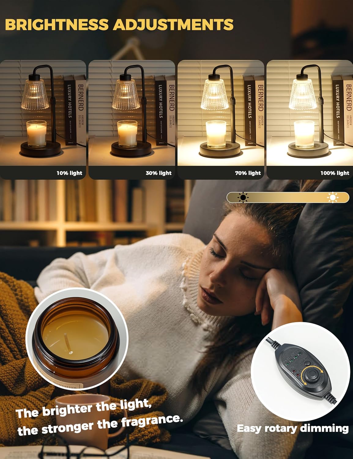 Four brightness levels of the GODONLIF candle warmer lamp and its rotary dimmer