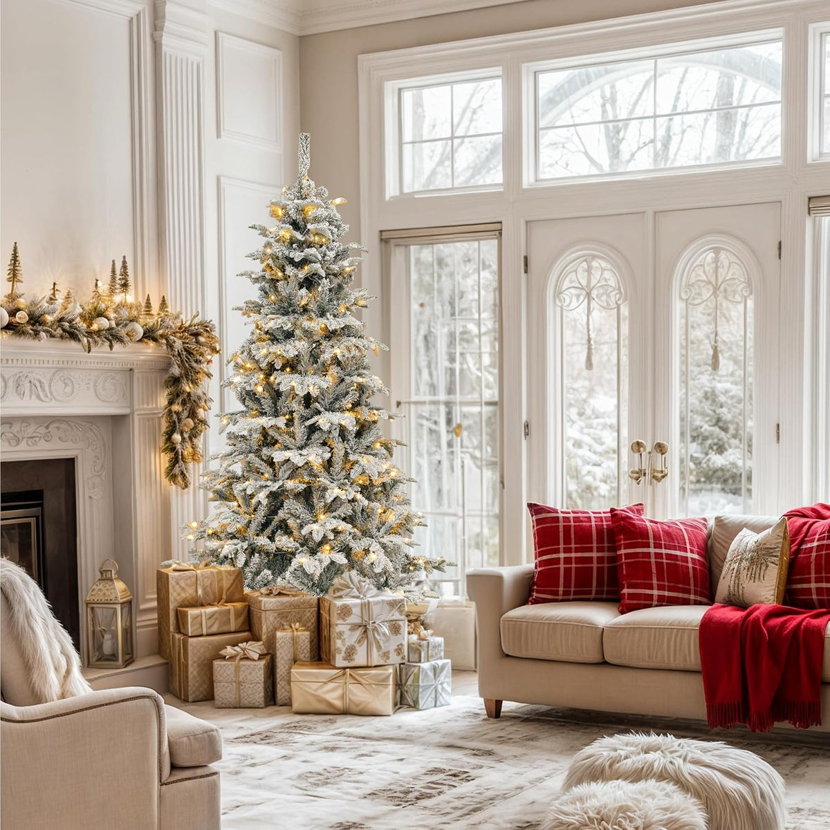 Flocked Christmas tree with warm lights beside a fireplace