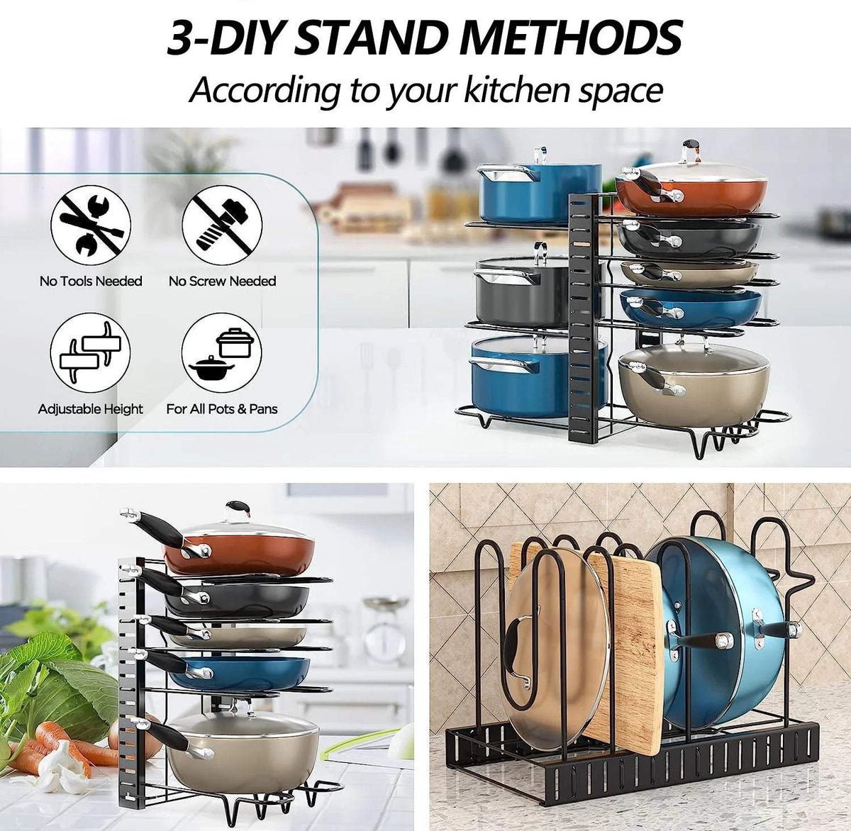 Three ways to set up the organizer: vertical on both sides, vertical on one side or horizontal
