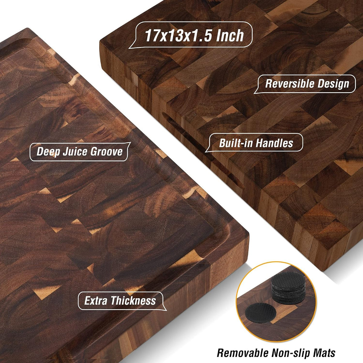 Features: 17 x 13 x 1.5 in, reversible design, deep juice groove, built-in handles and removable non-slip mats