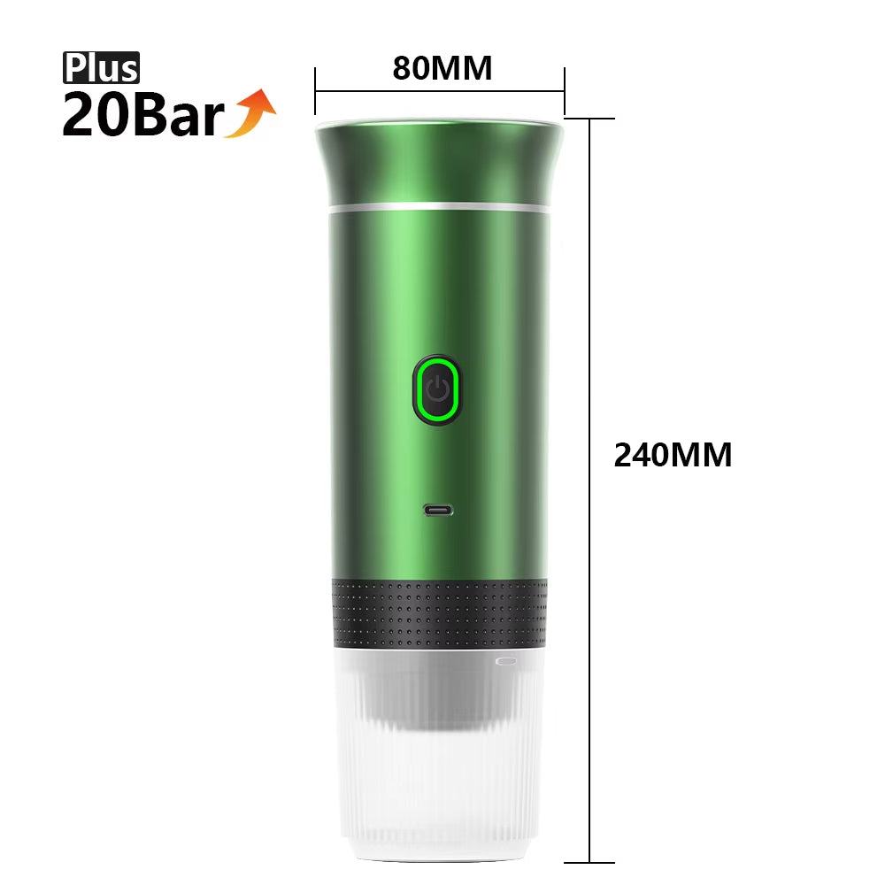 Metallic green portable espresso maker, 240 mm tall and 80 mm wide