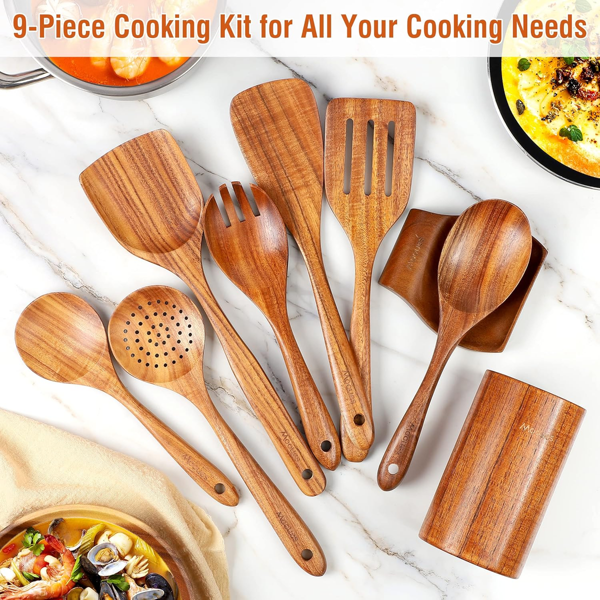 9-Piece Teak Wooden Utensil Set with Holder - Natural Kitchen Tools