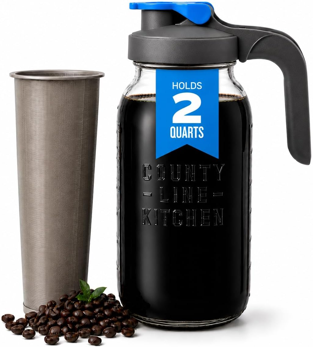 Cold brew coffee maker with its filter and coffee beans