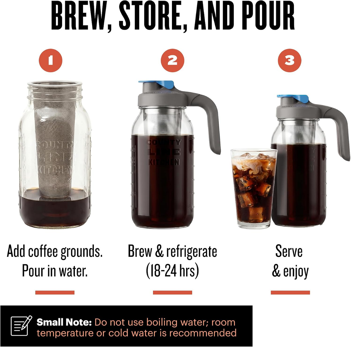 Three steps: add coffee grounds, brew in the fridge and serve