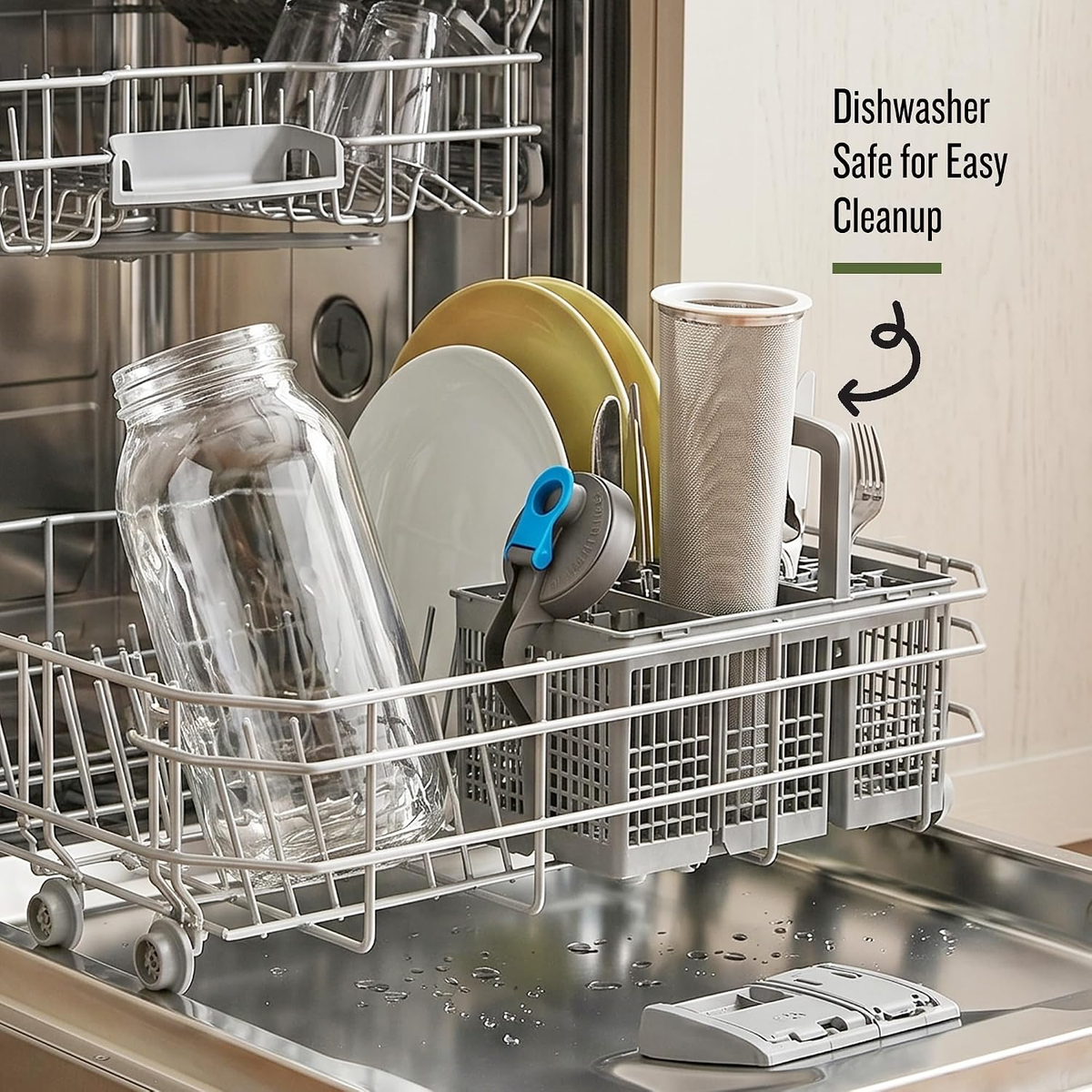 Cold brew maker parts in a dishwasher rack