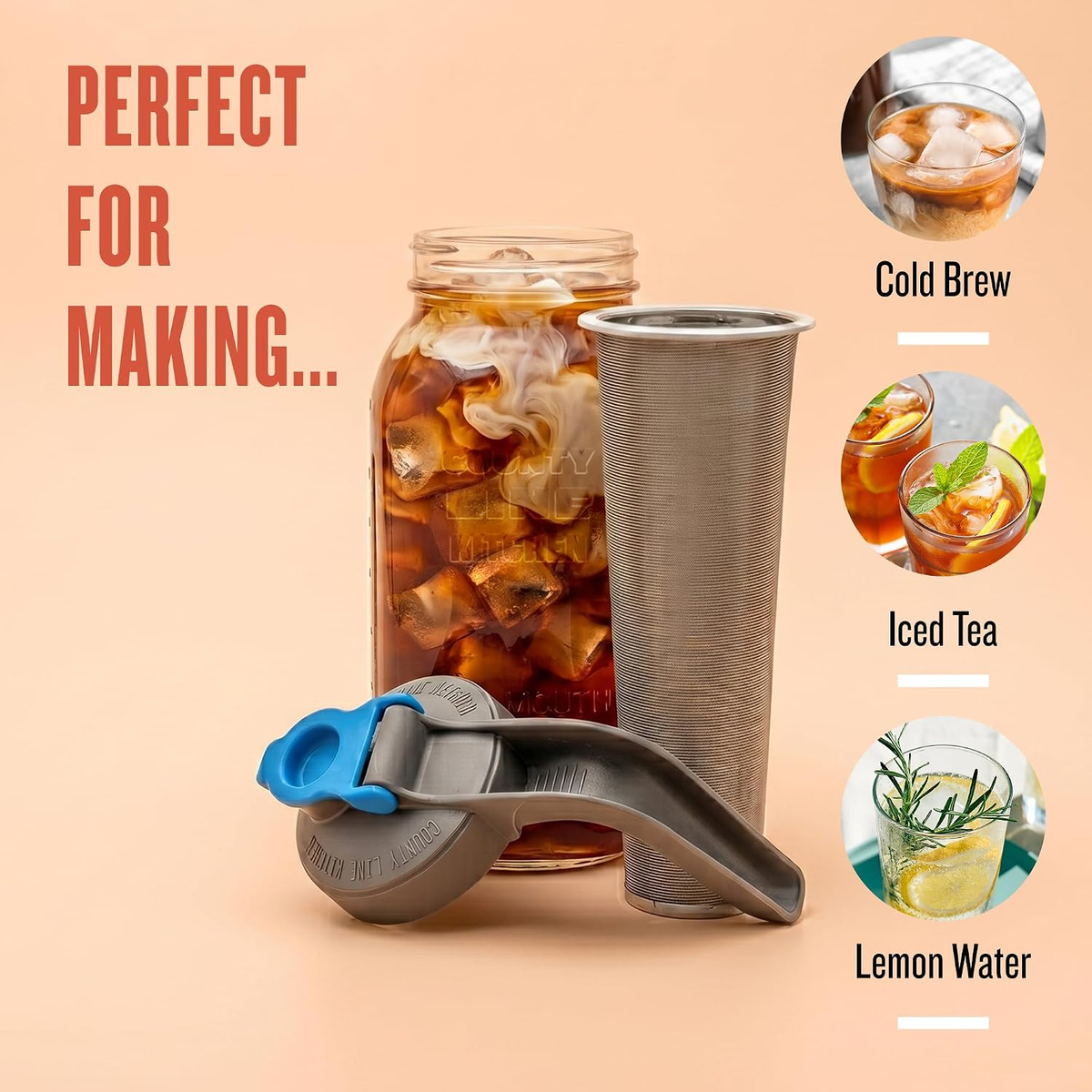 Glass cold brew jar shown with cold brew, iced tea and lemon water