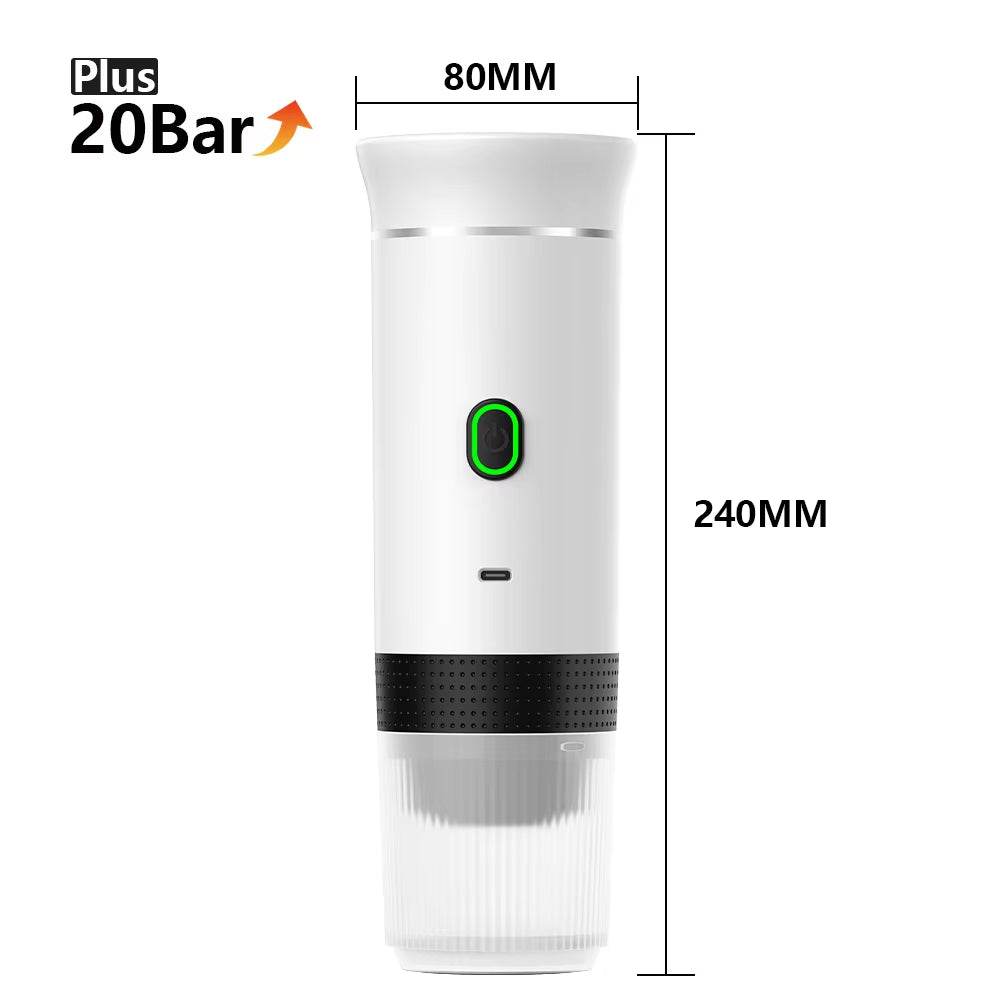 White portable espresso maker, 240 mm tall and 80 mm wide
