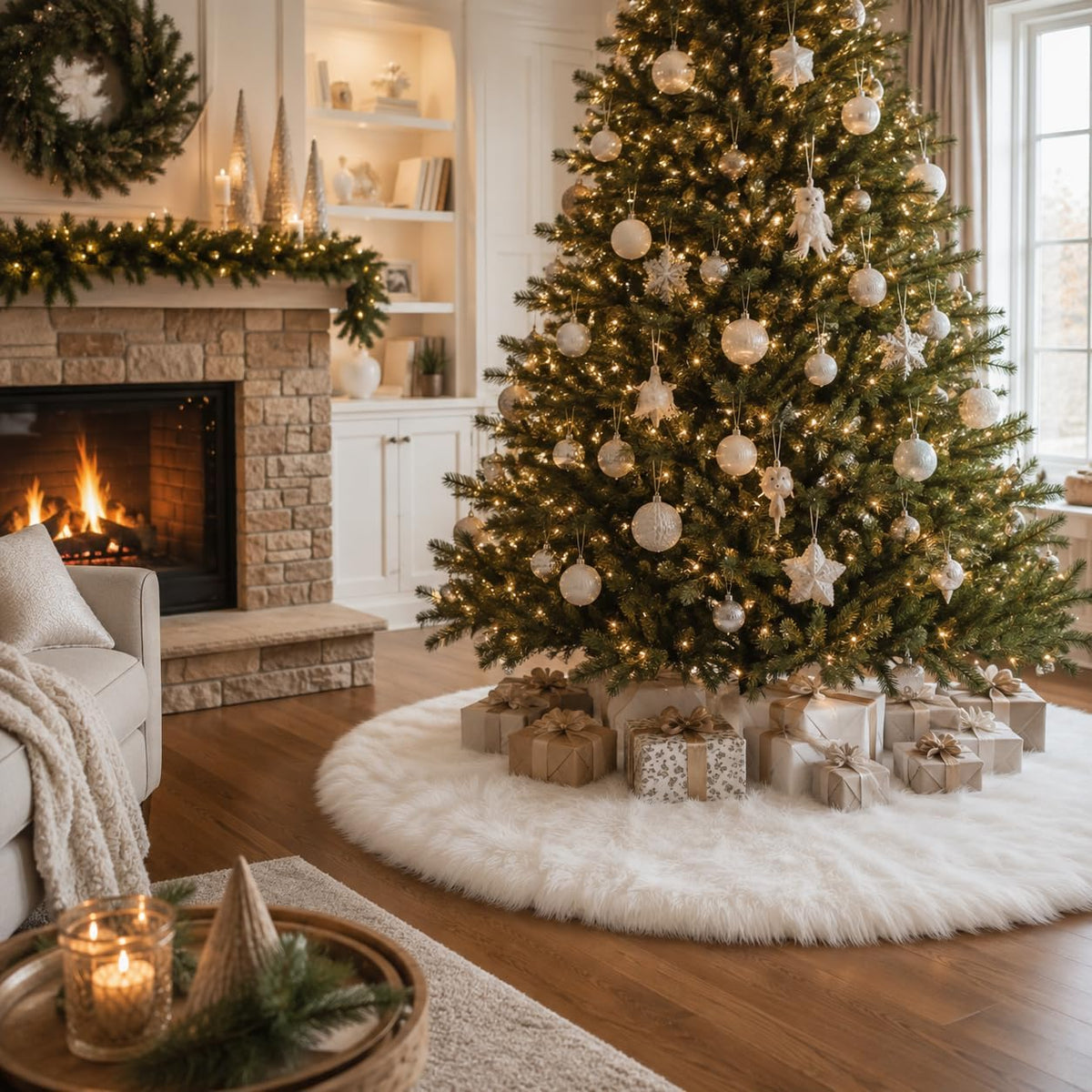 White tree skirt under a Christmas tree beside a fireplace