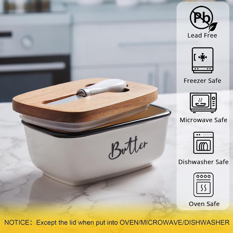 Ceramic Butter Dish with Lid & Curler Knife – Premium Large Countertop Keeper for Kitchen Farmhouse Decor, High-Quality Double Silicone Sealing, Easy-Clean Finish, Perfect Kitchenware. Butter Lover .White