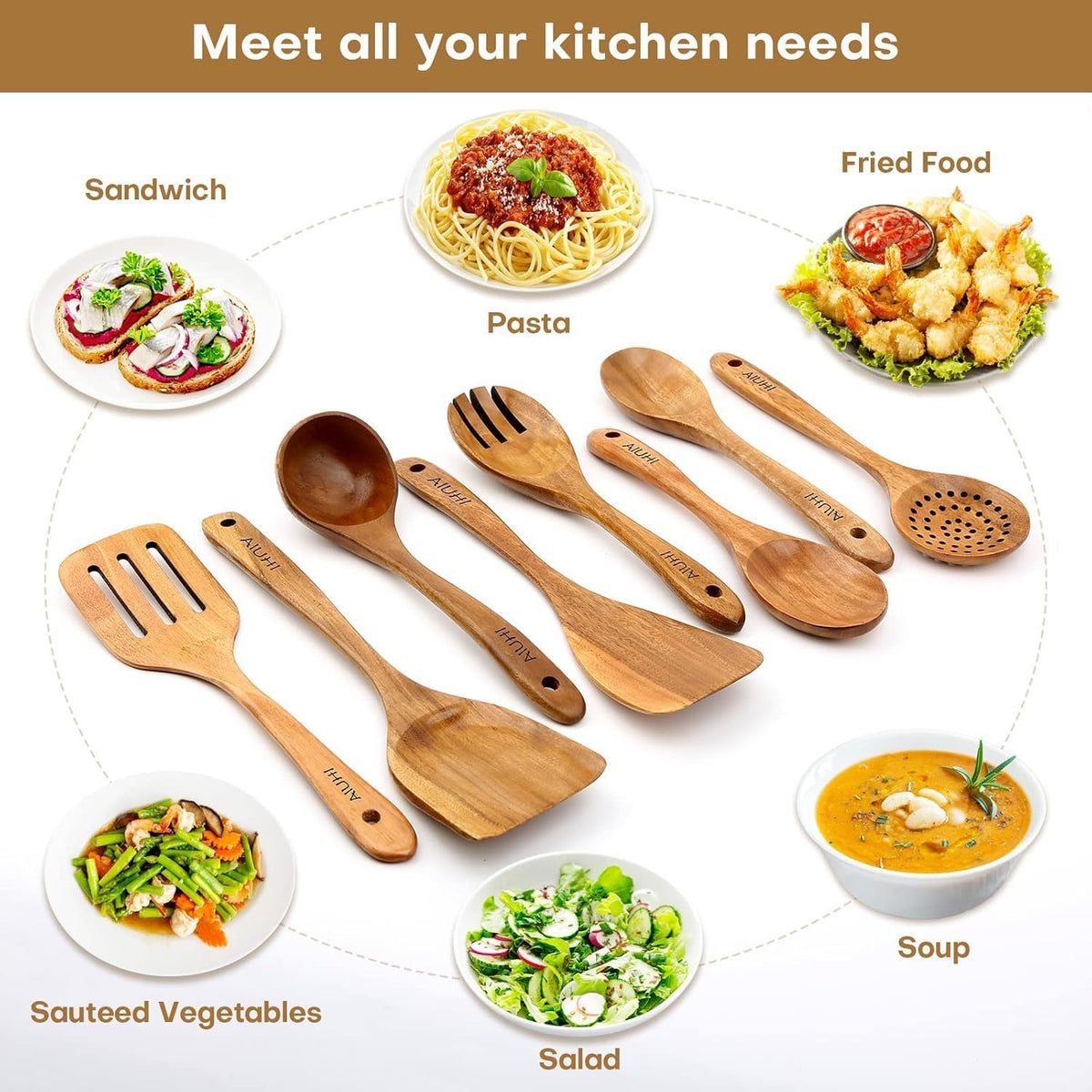 Teak utensils surrounded by dishes: pasta, salad, soup and fried food