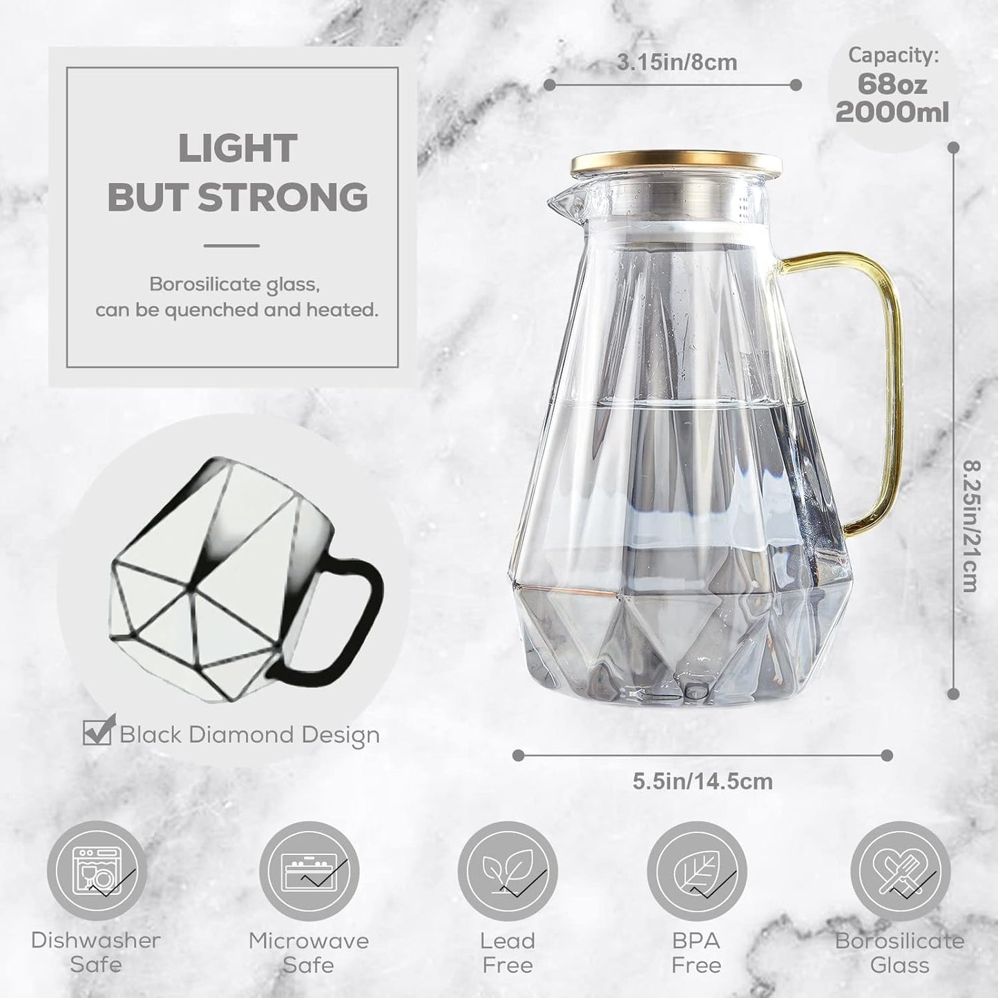68 Oz Black Diamond Glass Pitcher with Lid - Elegant Water Carafe for Hot/Cold Beverages, Ideal for Iced Tea and Coffee, Durable Design with Handle
